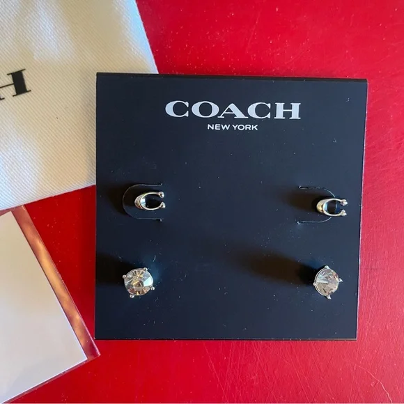 Coach Signature C Stud‎ Earring Set Silver Rhinestone Brand New Never Worn